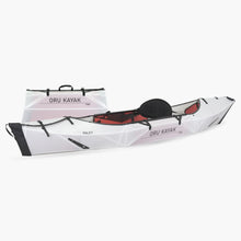 Side view of the Oru Kayak Inlet model in white, shown fully assembled in front of its compact folded box form.