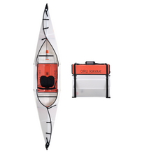 Top-down view of the Oru Kayak Beach model in white, shown in both its fully assembled kayak form and its compact folded form, side by side.