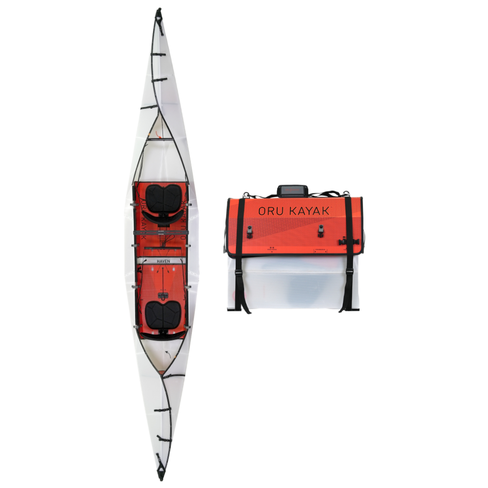 Top-down view of the Oru Kayak Haven model in white, shown in both its fully assembled kayak form and its compact folded form, side by side.