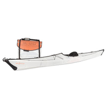 Side view of the Oru Kayak Coast model in white, shown fully assembled in front of its compact folded box form.