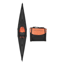 Image displays top view of Bay ST Kayak black edition, unfolded and in box form.