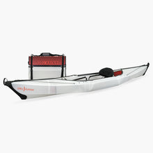Side view of the Oru Kayak Beach Sport model in white, shown fully assembled in front of its compact folded box form.