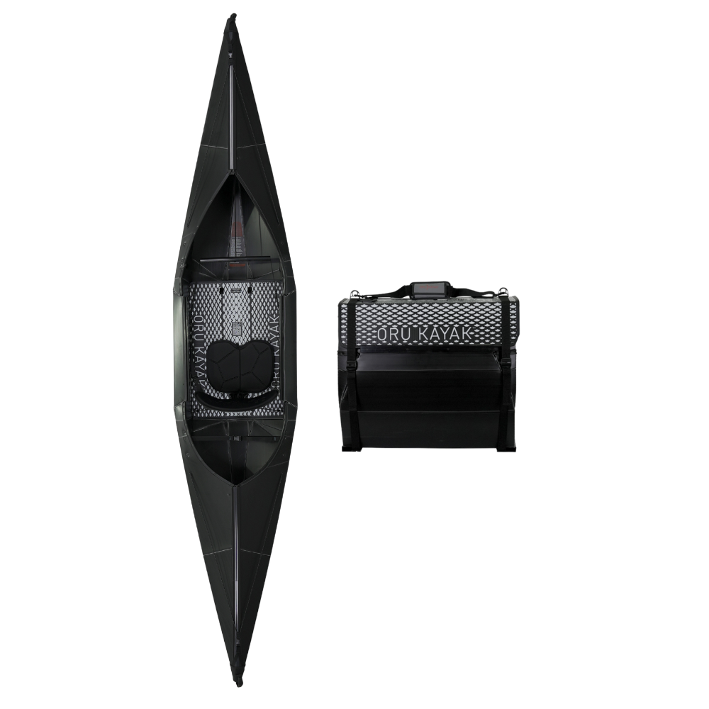Top-down view of the Oru Kayak Beach Sport model in black, shown in both its fully assembled kayak form and its compact folded form, side by side.