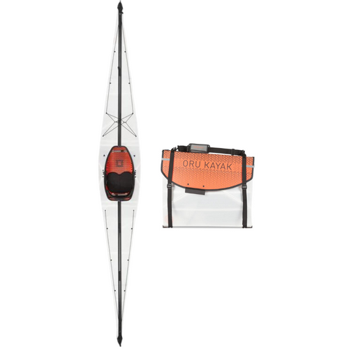 Top-down view of the Oru Kayak Coast model in white, shown in both its fully assembled kayak form and its compact folded form, side by side.