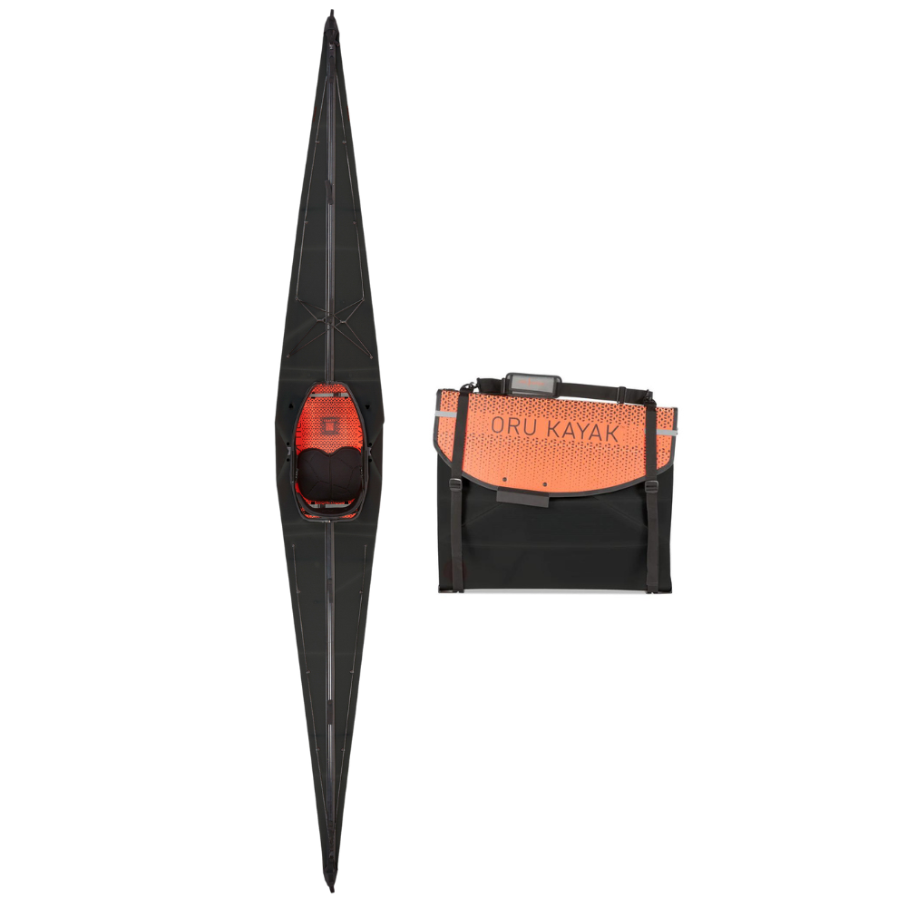 Top-down view of the Oru Kayak Coast model in black, shown in both its fully assembled kayak form and its compact folded form, side by side.