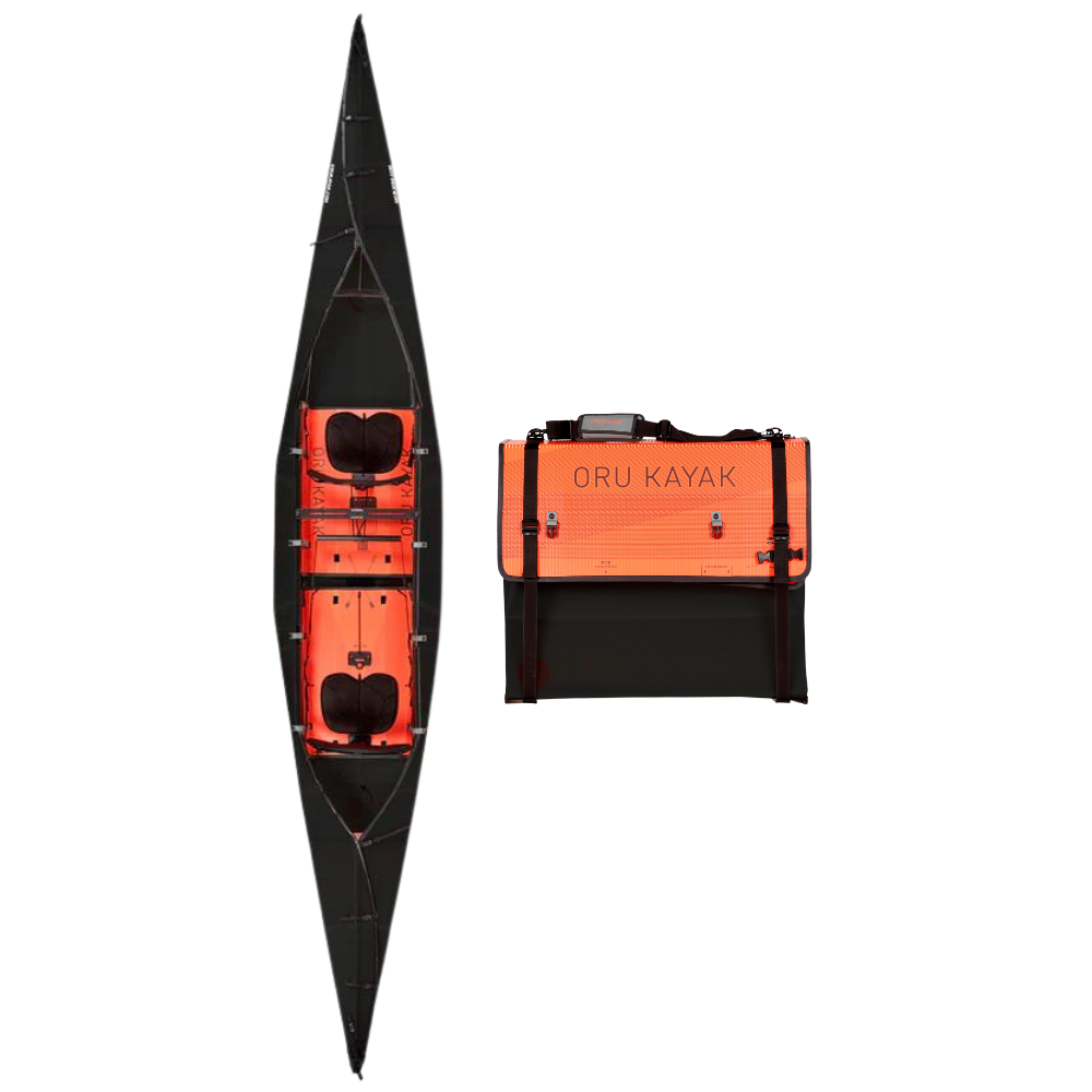 Top-down view of the Oru Kayak Haven model in black, shown in both its fully assembled kayak form and its compact folded form, side by side.