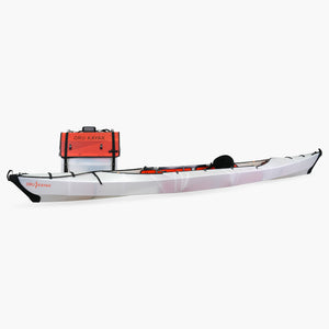 Side view of the Oru Kayak Haven model in white, shown fully assembled in front of its compact folded box form.