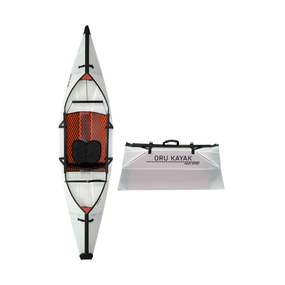 Top-down view of the Oru Kayak Inlet Sport model in white, shown in both its fully assembled kayak form and its compact folded form, side by side.
