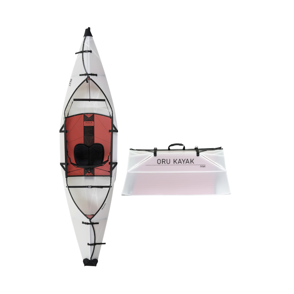 Top-down view of the Oru Kayak Inlet model in white, shown in both its fully assembled kayak form and its compact folded form, side by side.