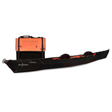 Side view of the Oru Kayak Haven model in black, shown fully assembled in front of its compact folded box form.